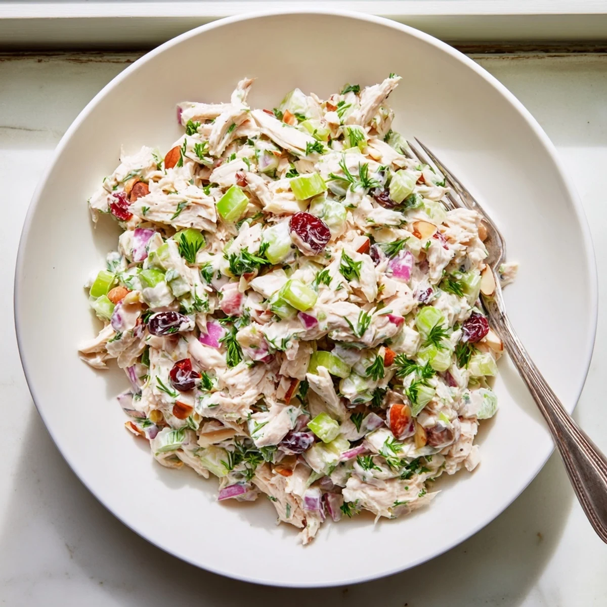 Light and healthy chicken salad featuring shredded rotisserie meat mixed with tangy Greek yogurt dressing