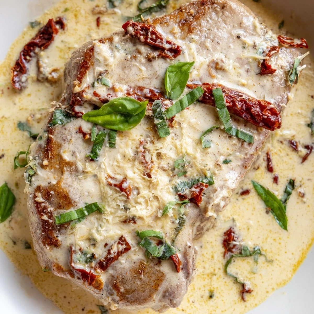 Golden seared Marry Me Pork Chops nestled in a rich creamy sun-dried tomato parmesan sauce