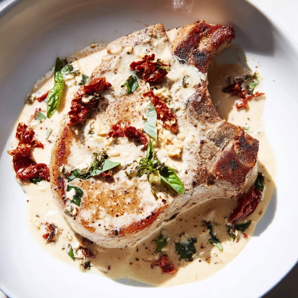 Creamy Marry Me Pork Chops skillet featuring tender pork swimming in savory tomato garlic sauce