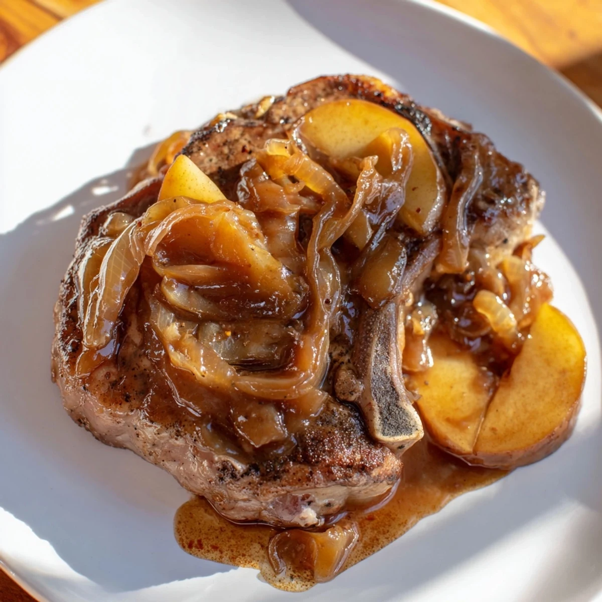 Golden brown apple butter pork chops resting in a rich cinnamon spiced sauce with tender caramelized apples and onions