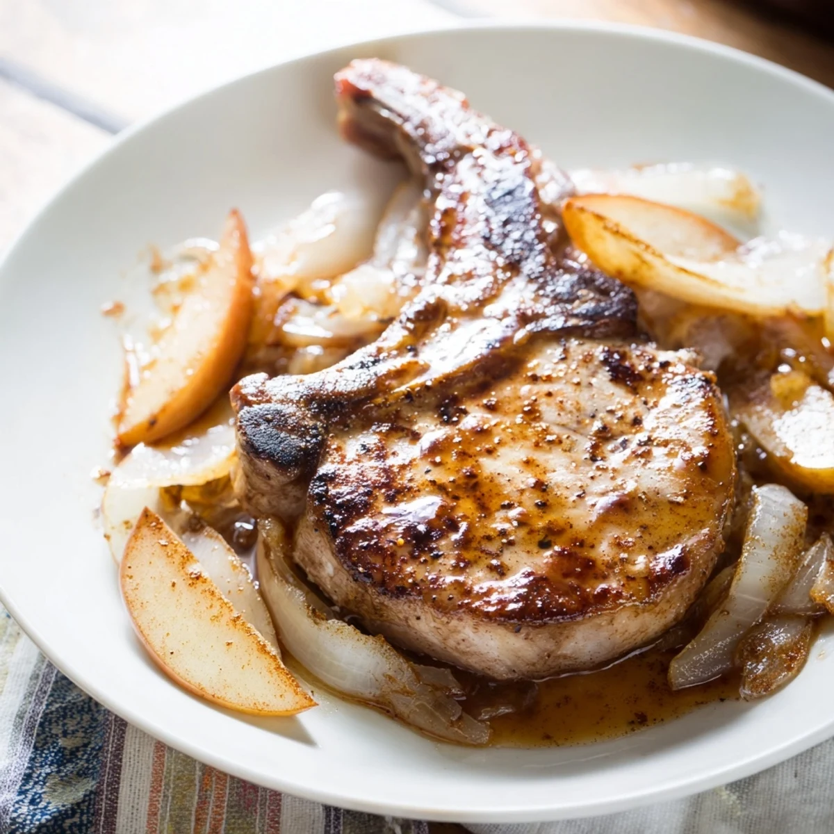 Tender pork chops simmered in sweet apple butter glaze topped with softened apple slices and savory onions