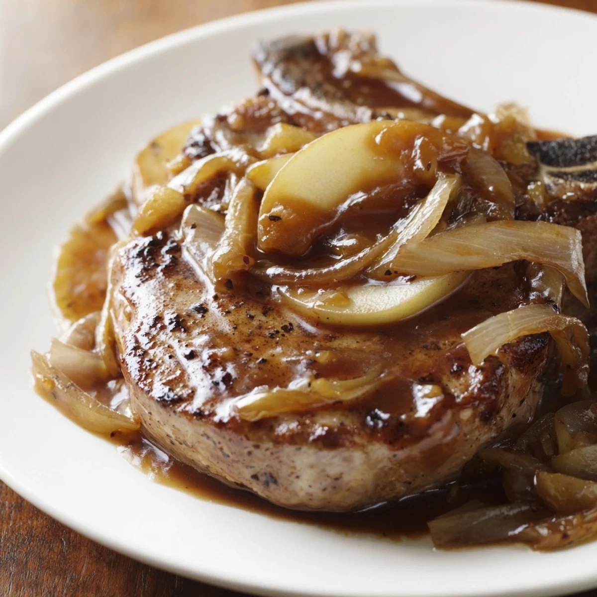 Juicy seared pork chops finished with a glossy apple butter sauce and scattered with caramelized onion and apple pieces