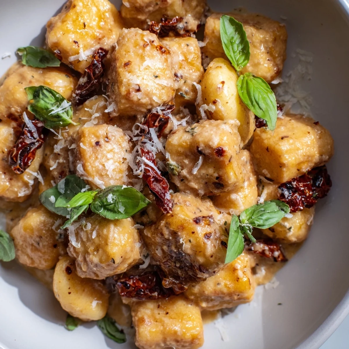 Golden crispy tofu cubes and pillowy gnocchi swim in a rich, creamy sun-dried tomato sauce with fresh basil garnish