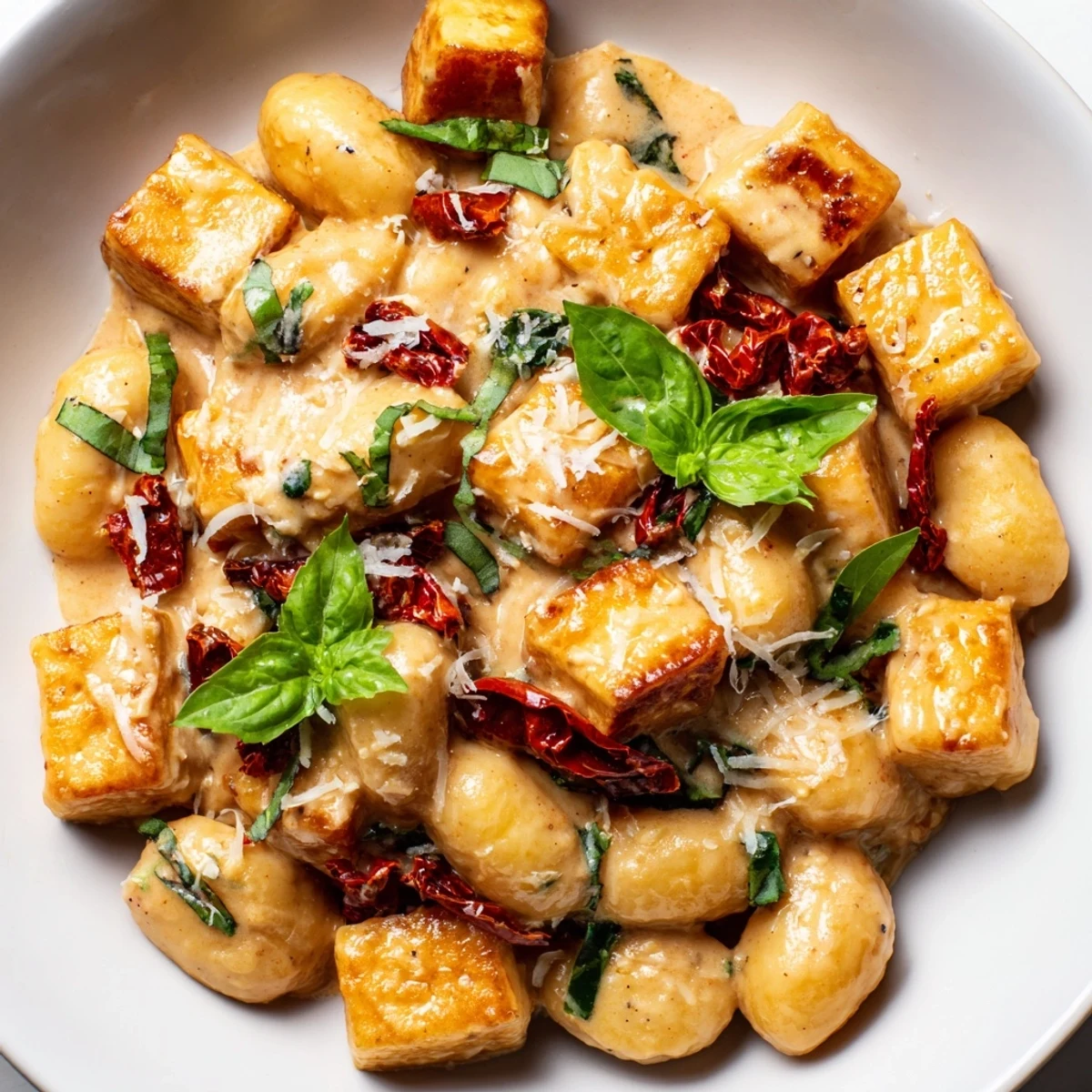 Vibrant Marry Me crispy tofu with gnocchi plated in a velvety white sauce featuring sun-dried tomato bits and Parmesan