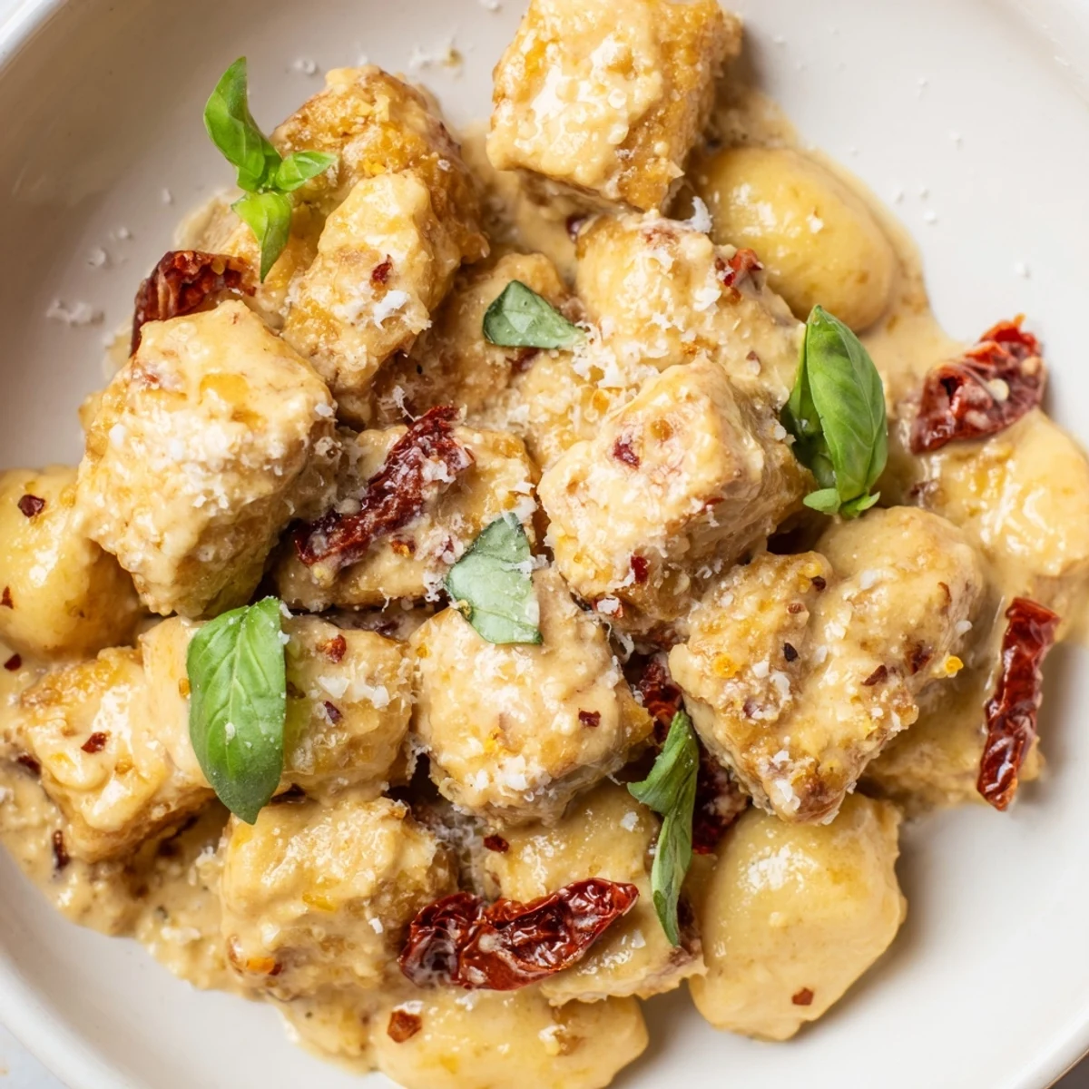 Restaurant-style vegetarian bowl showcasing crispy browned tofu and tender gnocchi coated in a luxurious reddish cream sauce