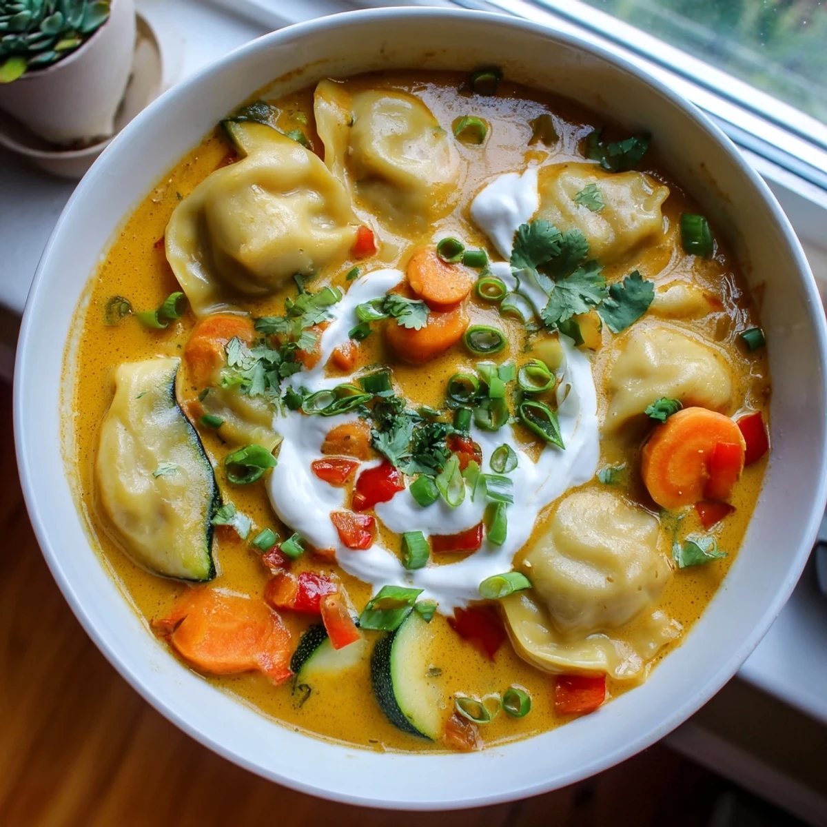 Golden coconut curry soup with fluffy homemade dumplings floating in a rich, aromatic broth