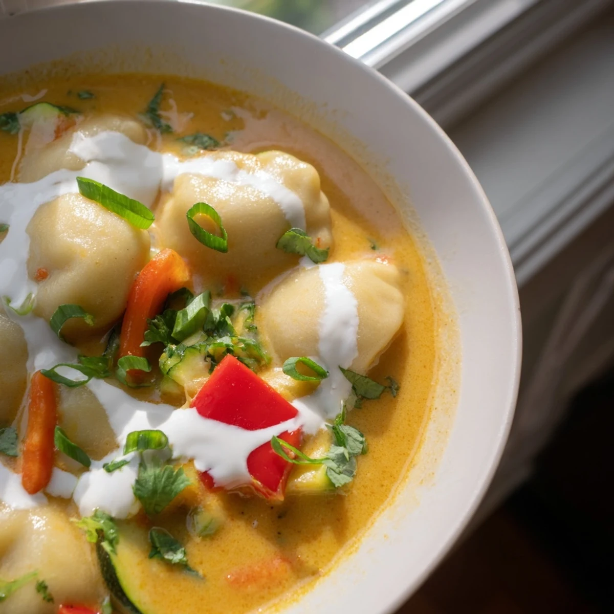 Creamy vegetarian coconut curry soup featuring tender dumplings and colorful vegetables in a steamy bowl