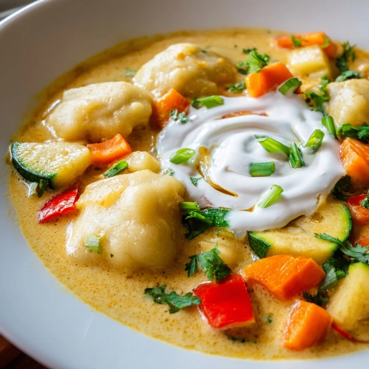 Simple coconut curry soup with pillowy dumplings garnished with fresh cilantro and lime wedges