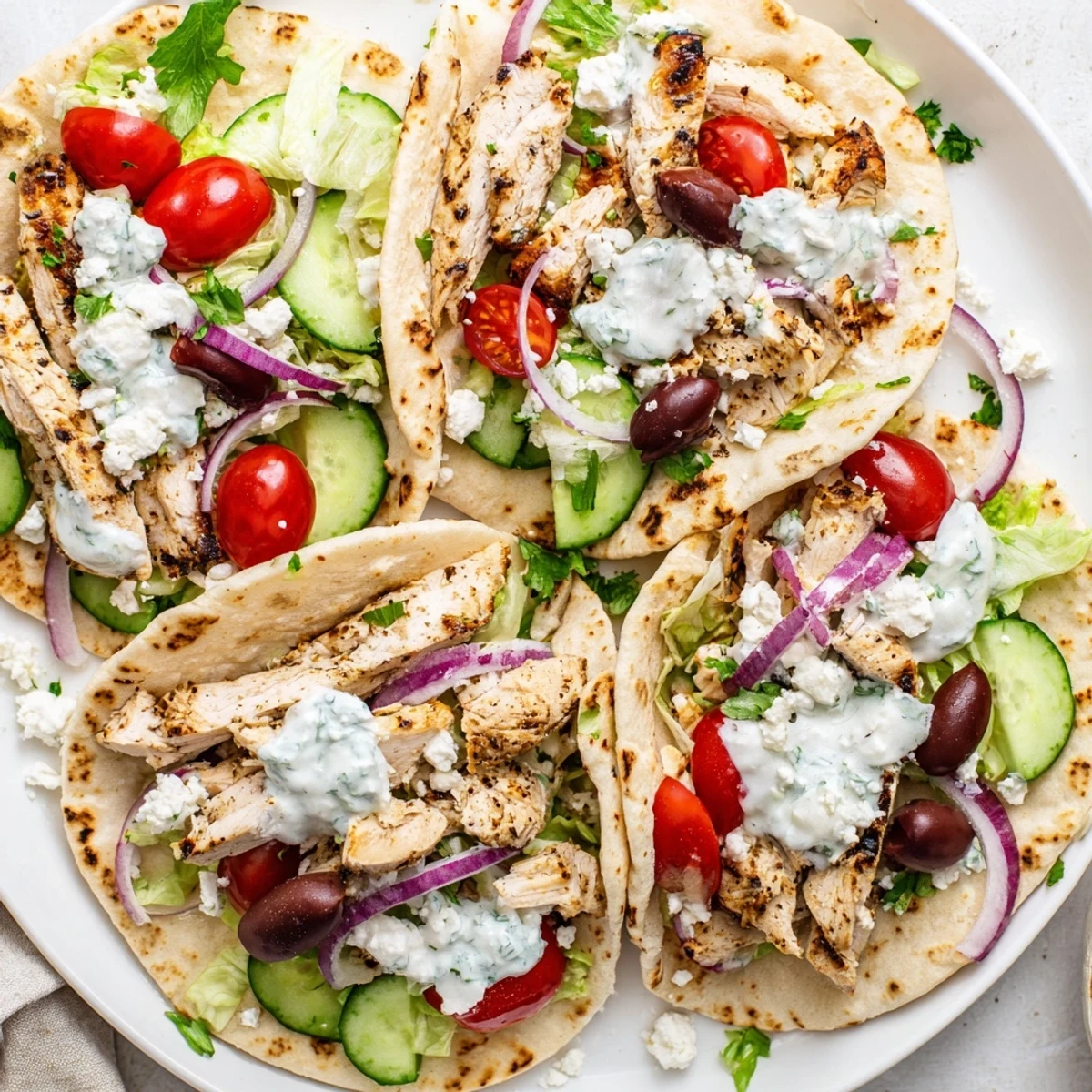 Golden grilled chicken Mediterranean tacos topped with fresh vegetables and tangy yogurt sauce in warm tortillas