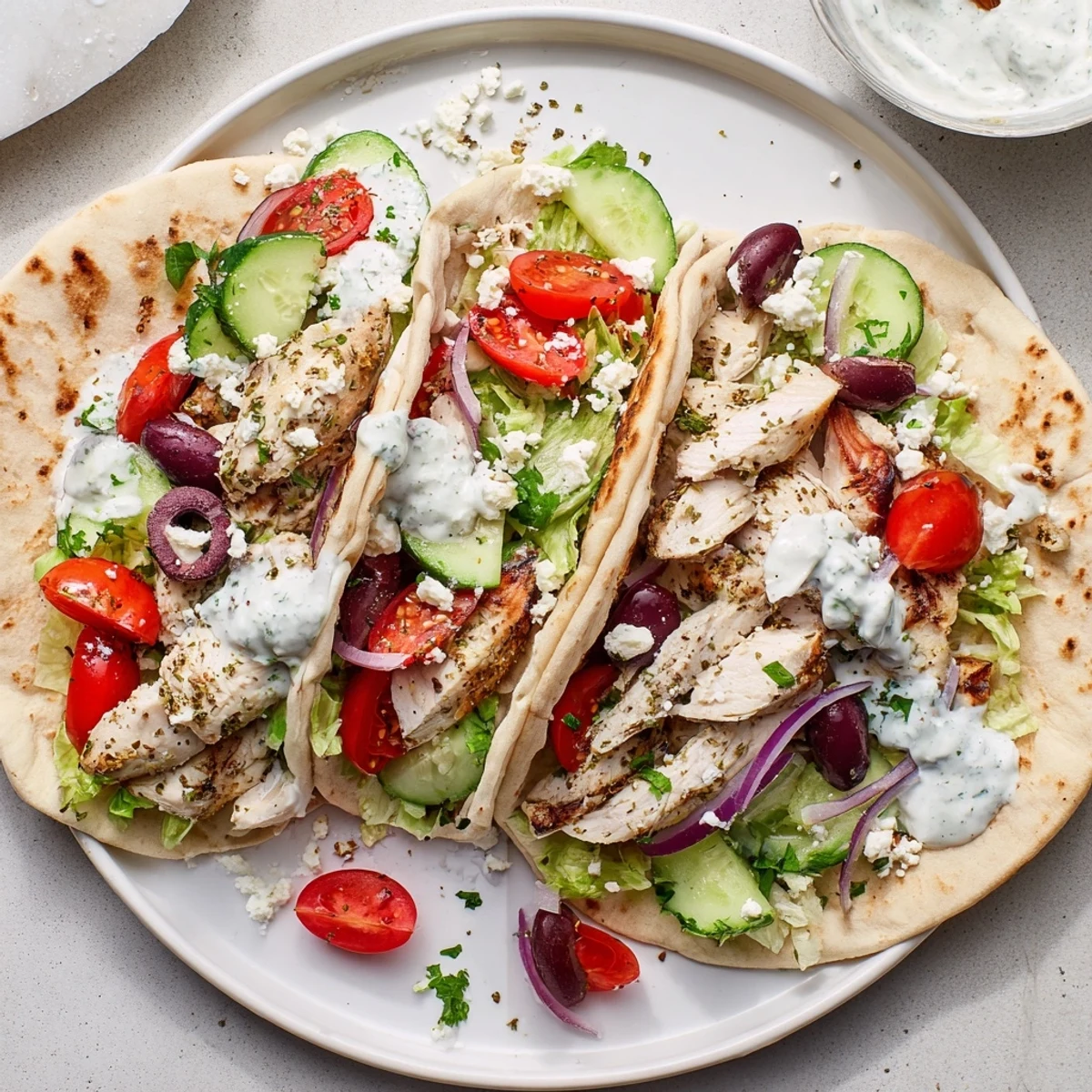 Quick Mediterranean chicken tacos featuring juicy spiced meat, cherry tomatoes, cucumber, and creamy herb sauce