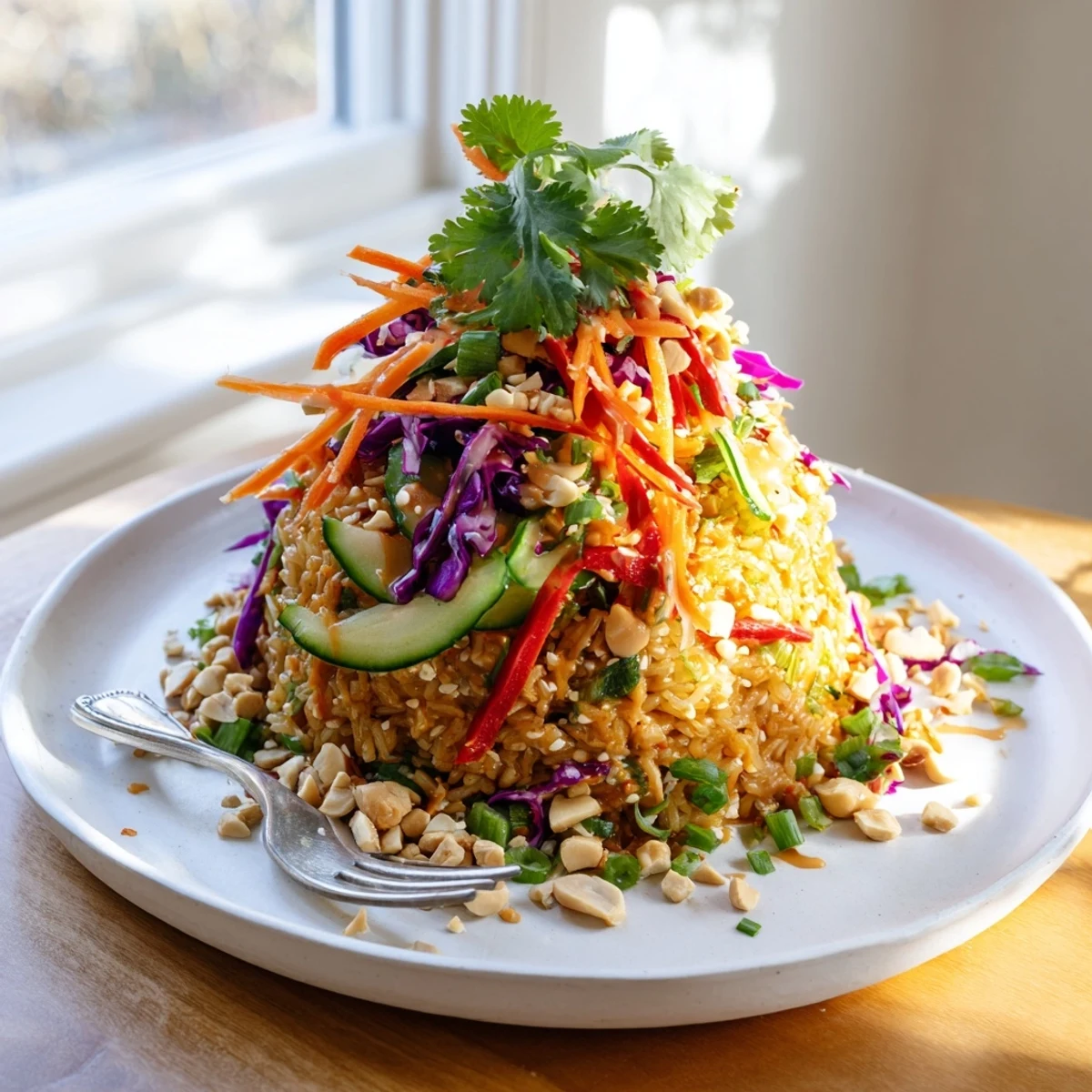 Golden crispy rice salad with fresh vegetables drizzled with creamy peanut sesame dressing