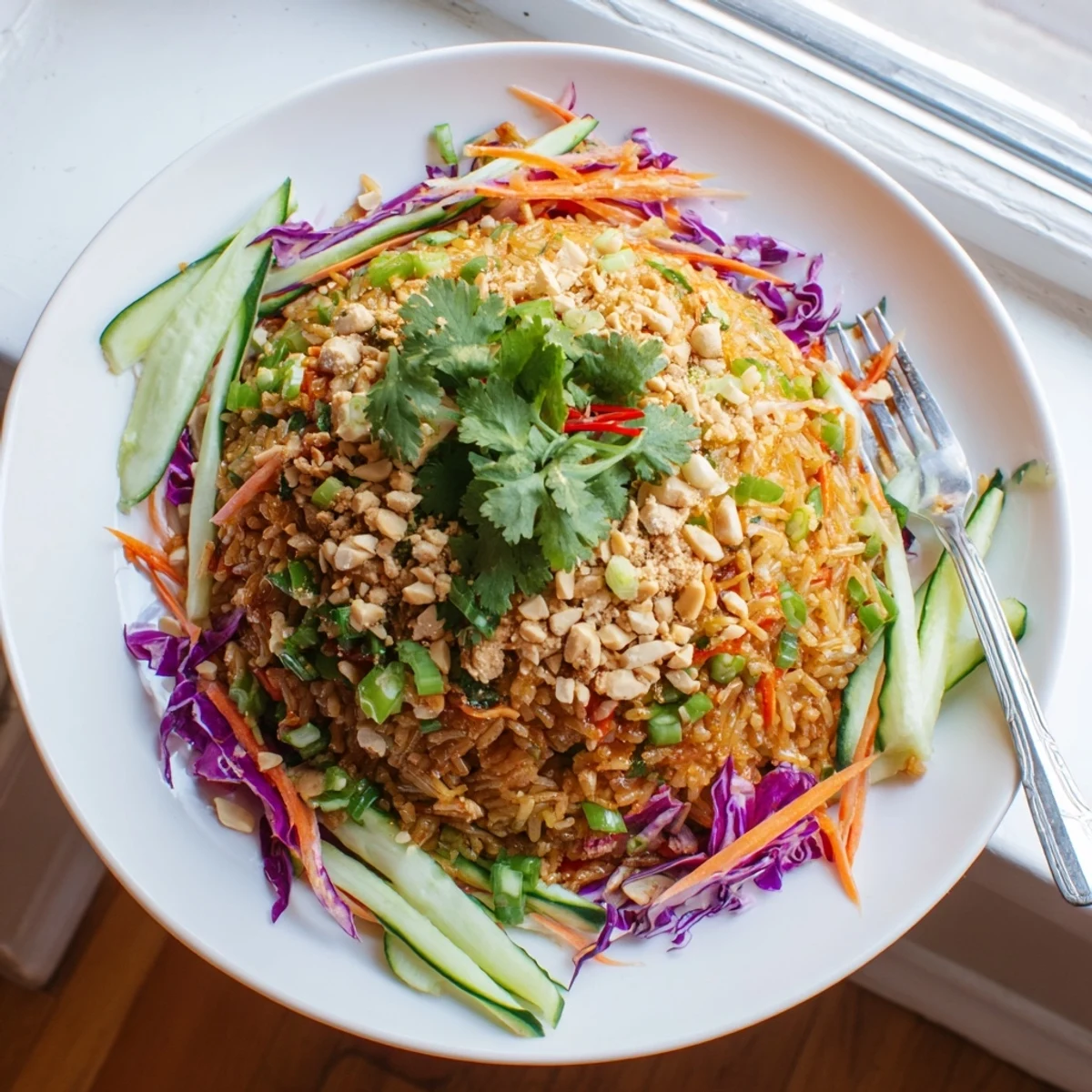 Colorful crispy rice salad featuring crunchy textures and tangy peanut sesame dressing