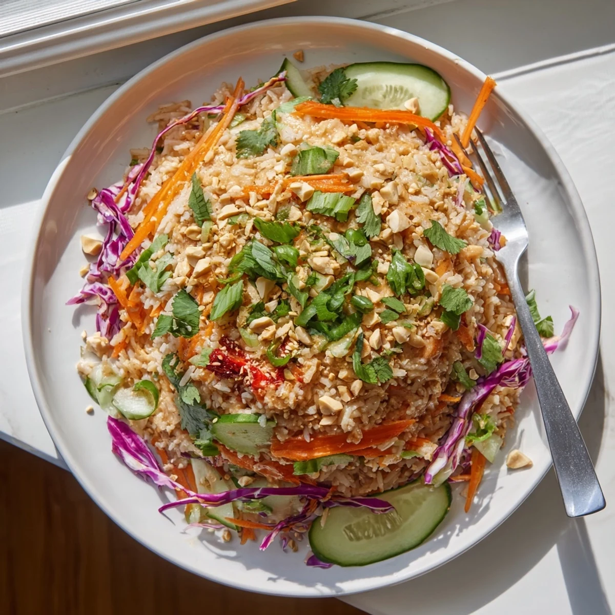 Vibrant bowl of fried rice salad topped with peanuts and sesame seeds in peanut sauce