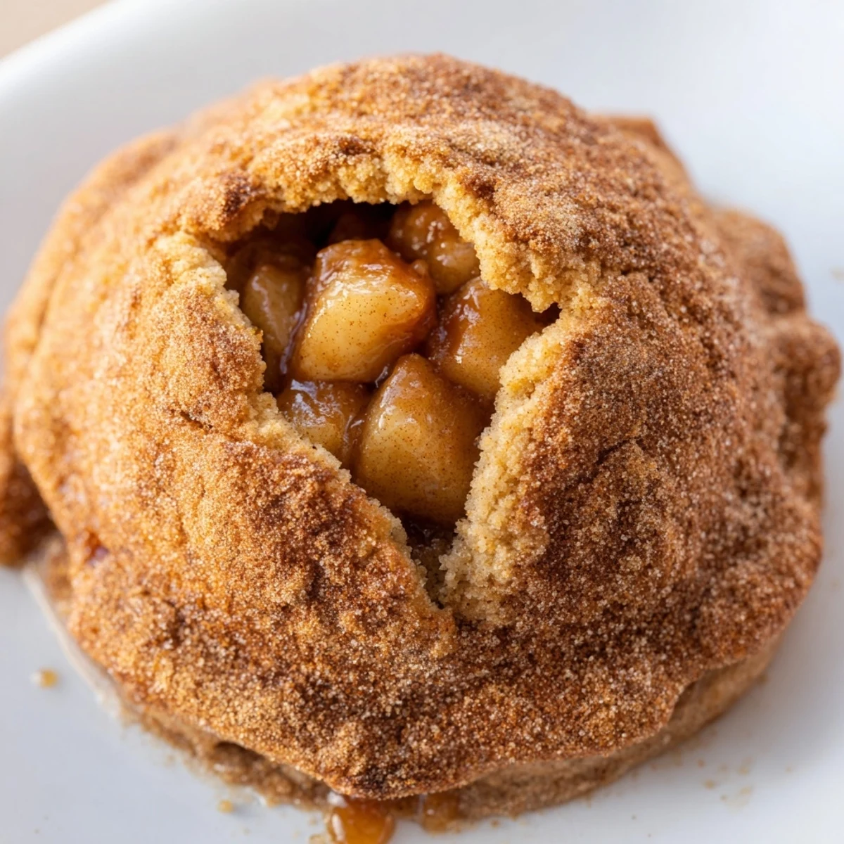 Golden brown caramel apple pie bombs with cinnamon sugar coating on baking sheet