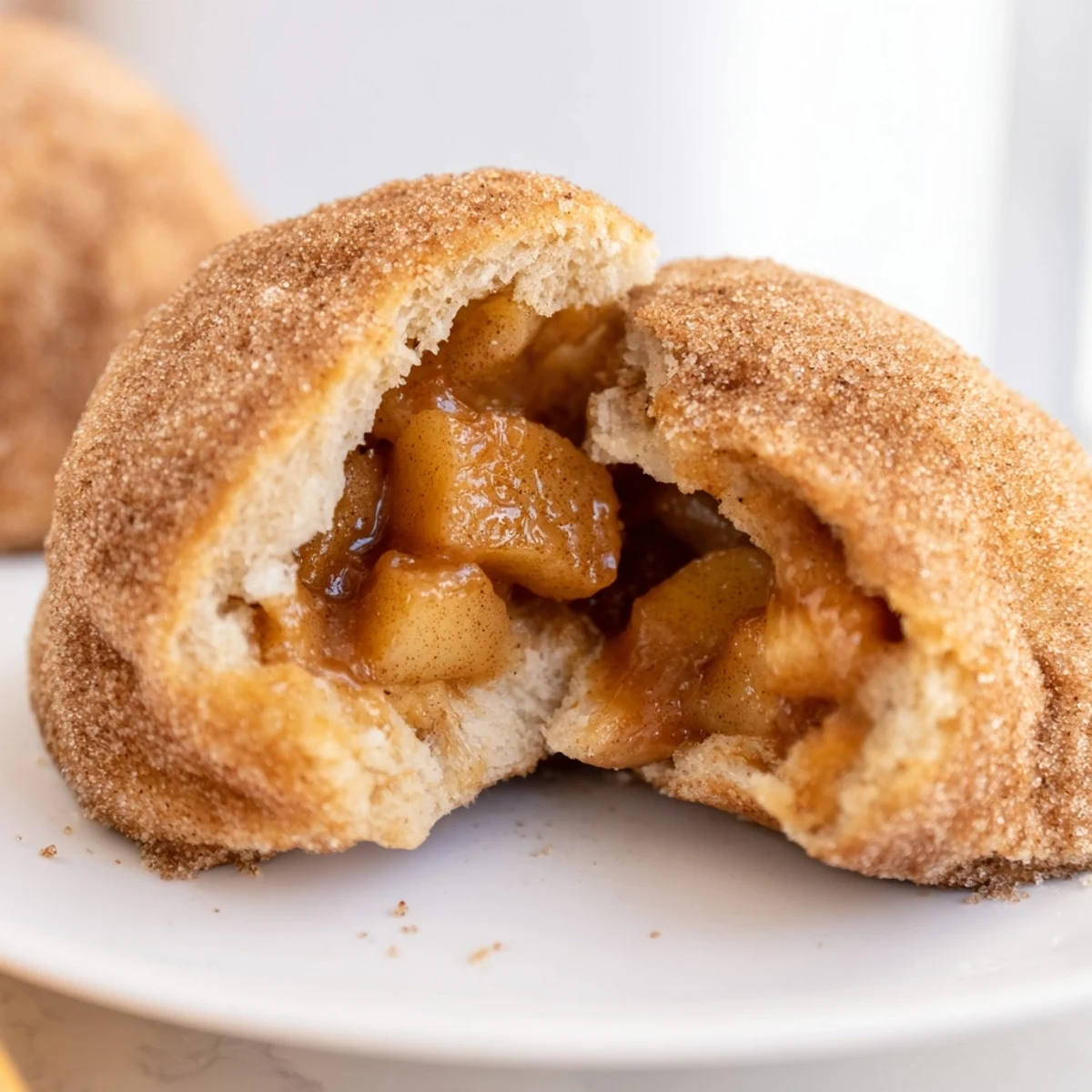 Warm apple stuffed biscuit dough balls oozing melted caramel center on white plate