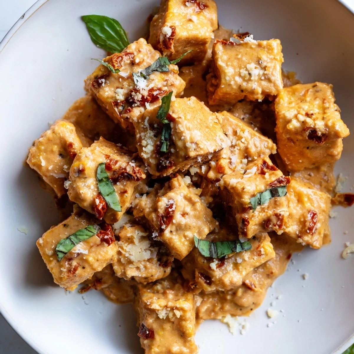 Golden crispy tofu cubes coated in a creamy sun-dried tomato garlic sauce garnished with fresh basil