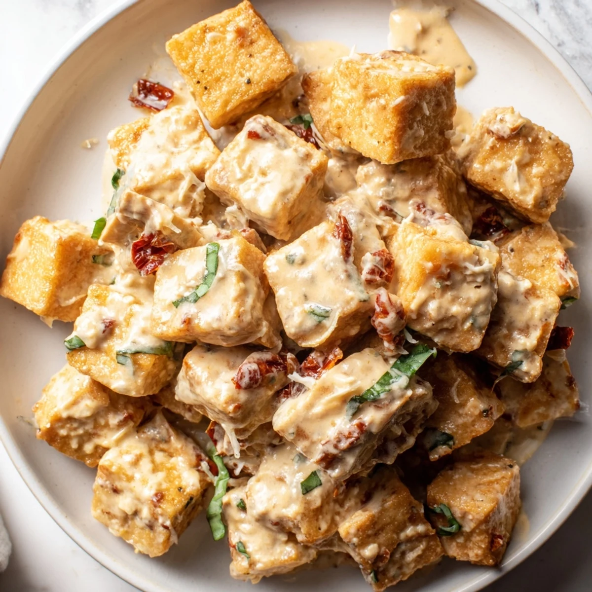 Vegan Marry Me Tofu served hot with savory garlic cream sauce and sprinkled grated parmesan cheese