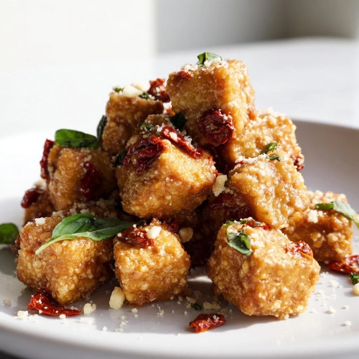 Crispy pan-fried tofu swimming in a rich white cream sauce with red sun-dried tomatoes and herbs