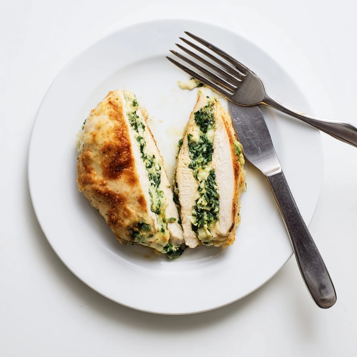 Juicy stuffed chicken breasts with spinach ricotta cheese filling plated for dinner
