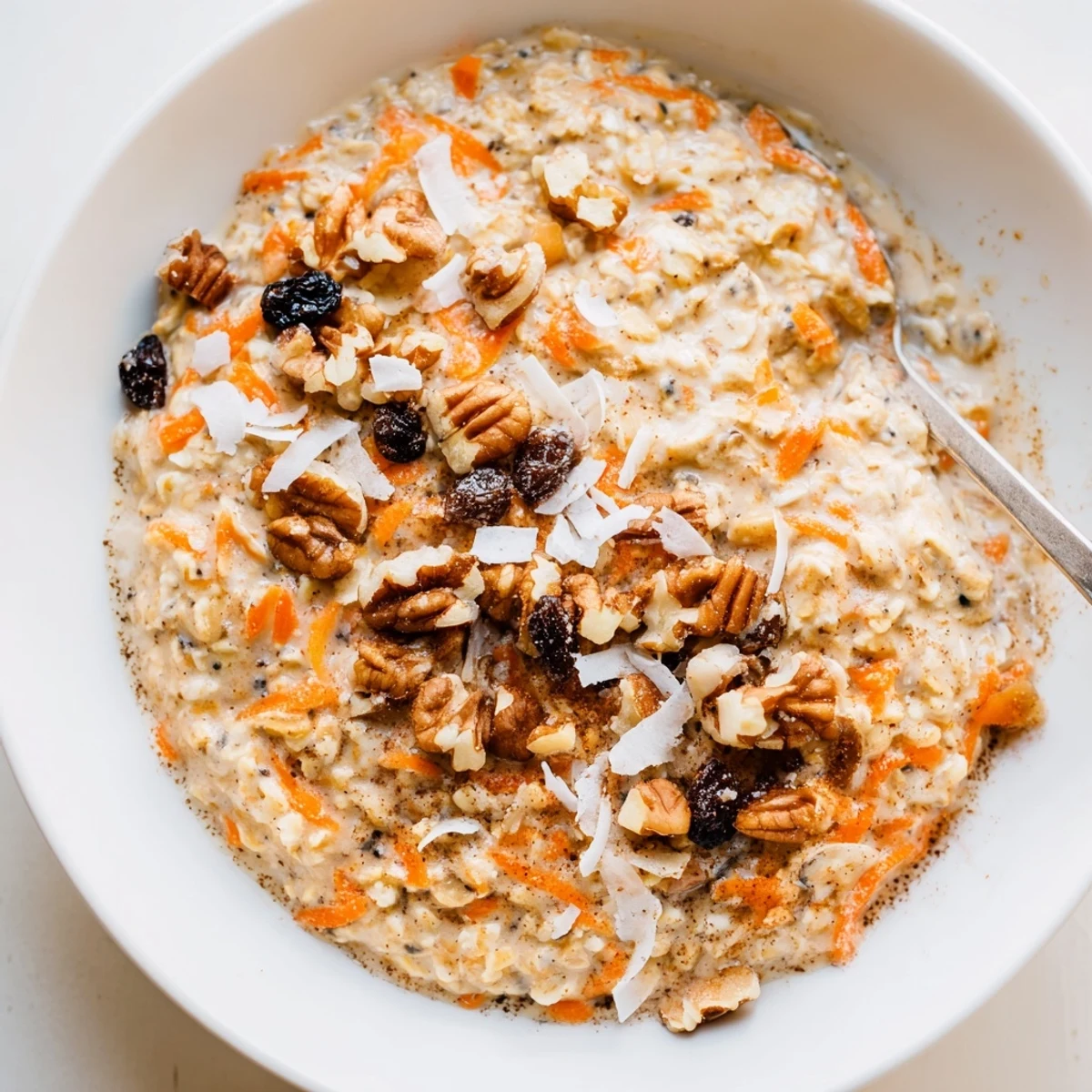Creamy carrot cake overnight oats topped with chopped walnuts and shredded coconut in a glass jar