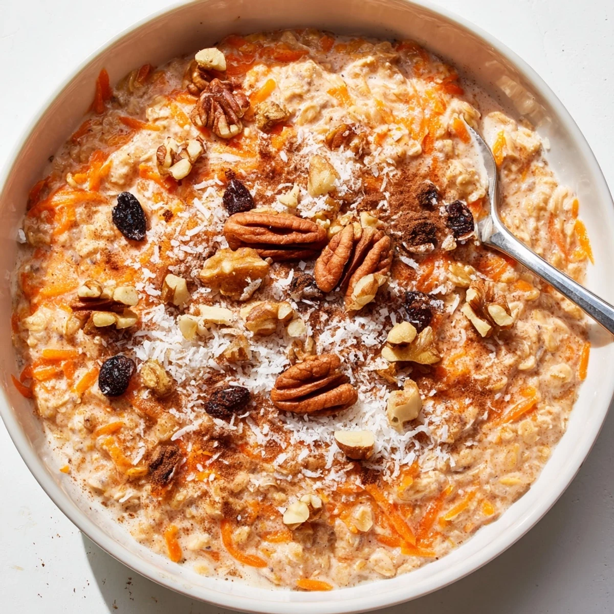 Healthy carrot cake overnight oats layered with Greek yogurt, cinnamon, and crunchy pecan toppings