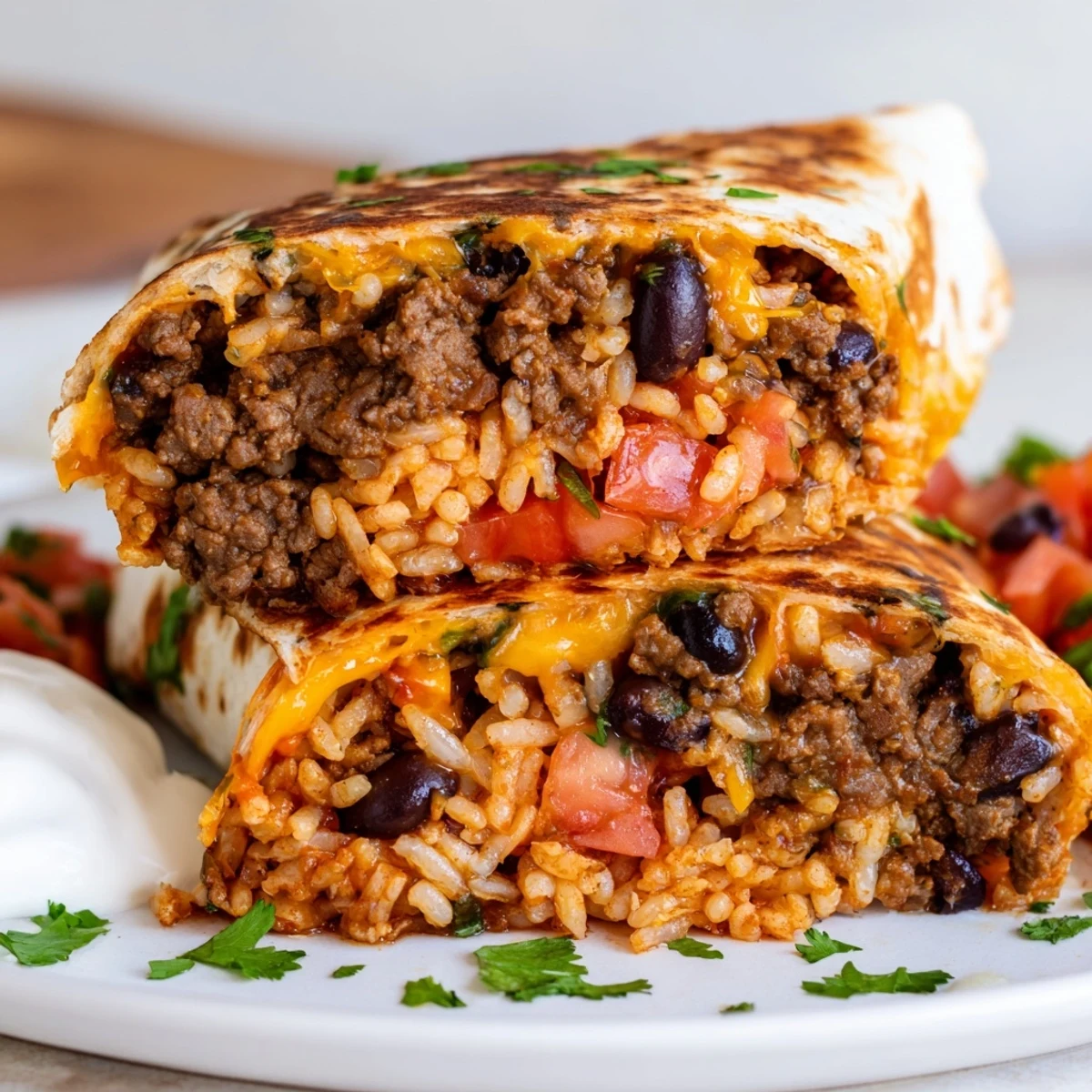 Golden grilled cheese burrito sliced open revealing melty seasoned beef and colorful fillings