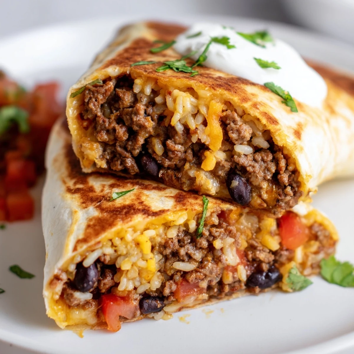 Crispy tortilla wrapped grilled cheese burrito oozing with cheddar and spiced ground beef