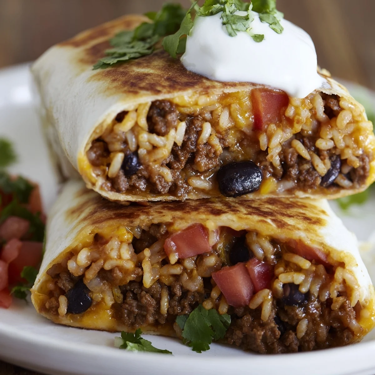 Buttery grilled cheese burrito cross-section showing layers of rice beans and melted cheese