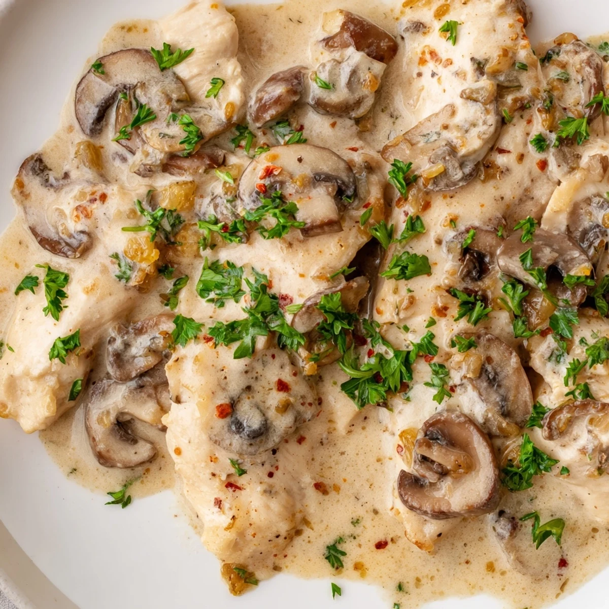 Creamy rich chicken stroganoff plated over buttered egg noodles with tender sliced mushrooms and golden chicken pieces