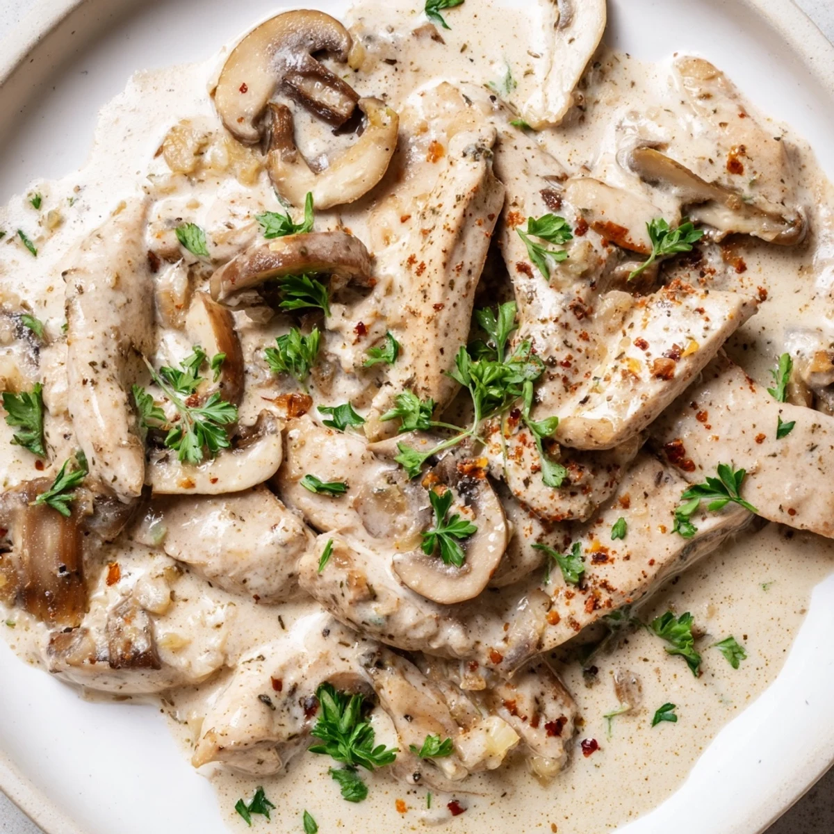 Golden chicken strips swim in a velvety sour cream sauce with sautéed mushrooms and fresh parsley garnish