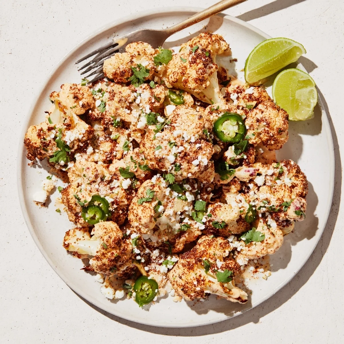 Golden roasted cauliflower elote coated in creamy lime mayonnaise sauce and crumbled cotija cheese with fresh cilantro garnish