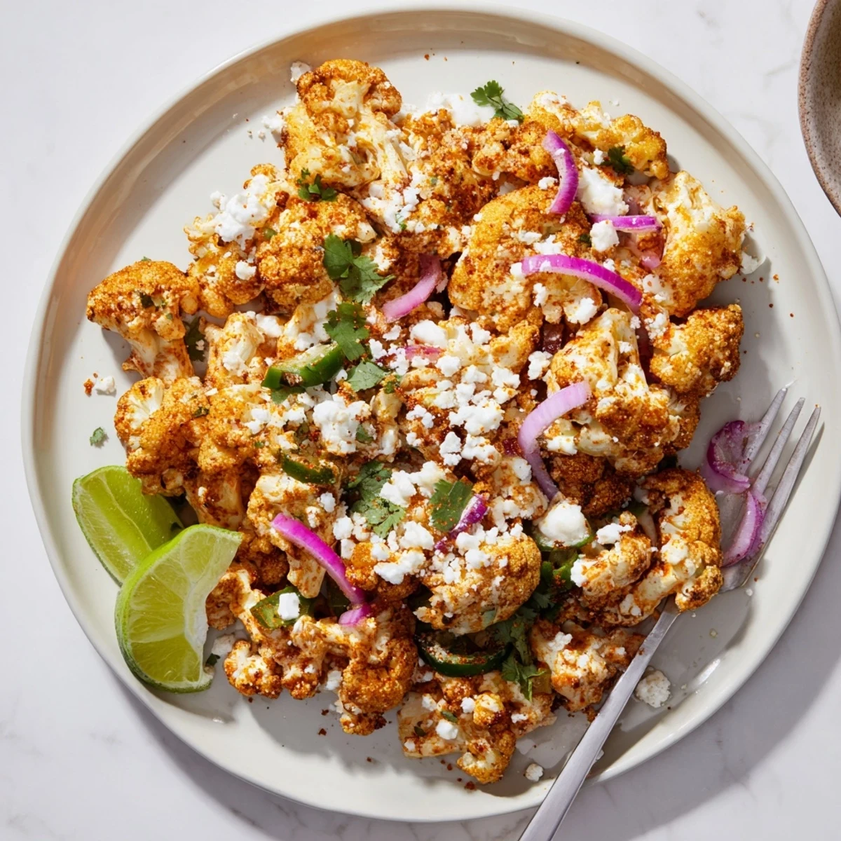 Mexican street corn style cauliflower elote sprinkled with chili powder and served on a white platter with lime wedges