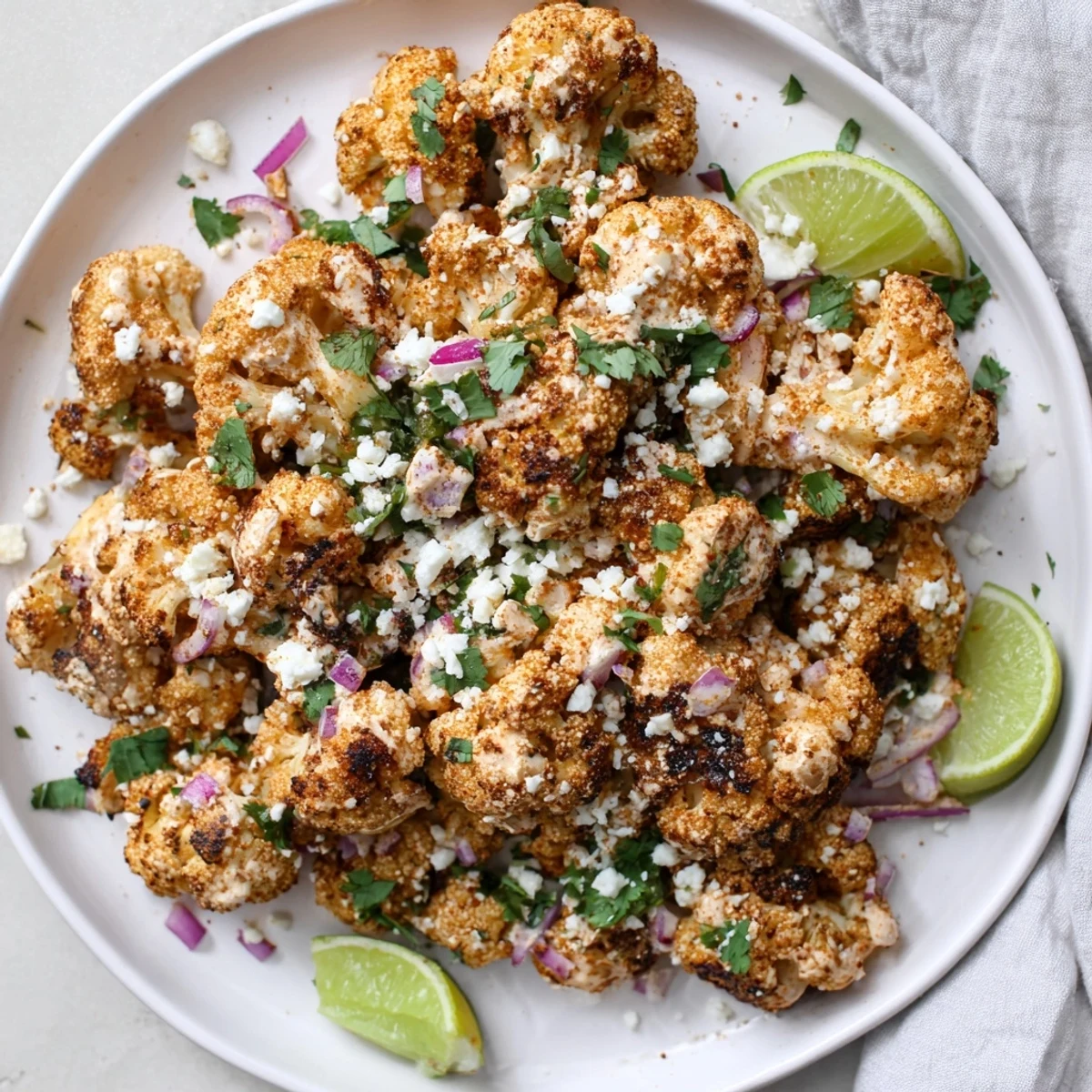 Creamy smoky cauliflower elote topped with diced red onion jalapeño and white cheese over rustic dark background
