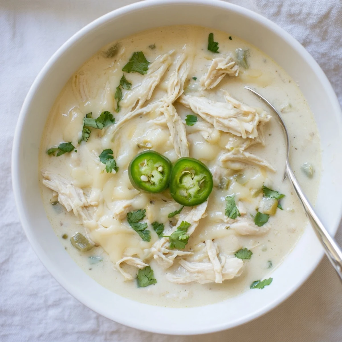 Rich low-carb white chicken chili served in white bowl with lime wedges and jalapeños