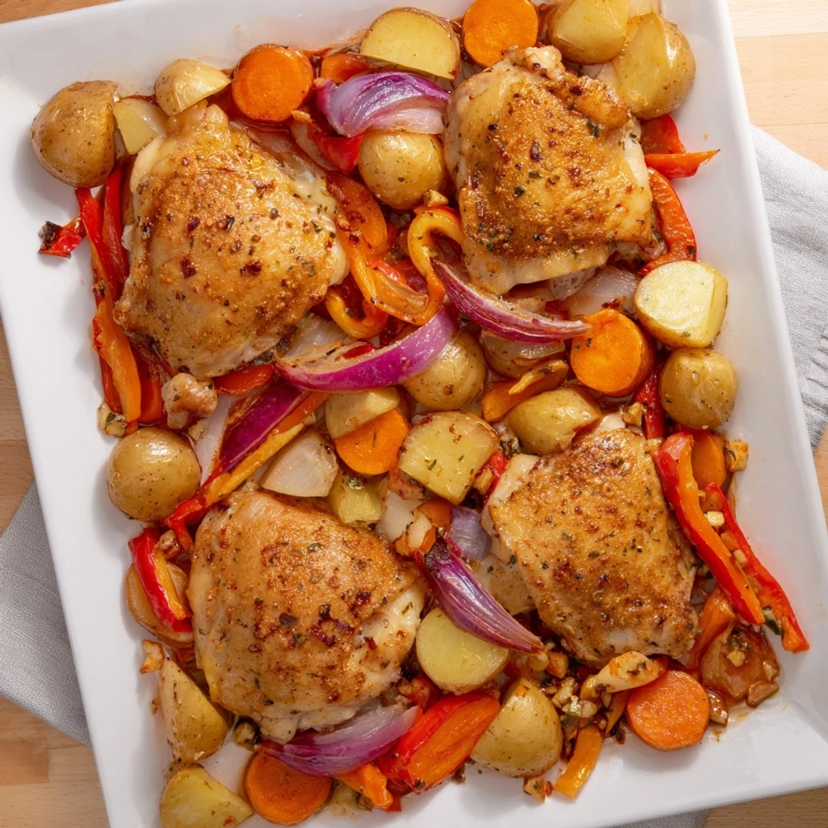 Golden brown chicken thighs roasted with colorful vegetables on a single baking sheet