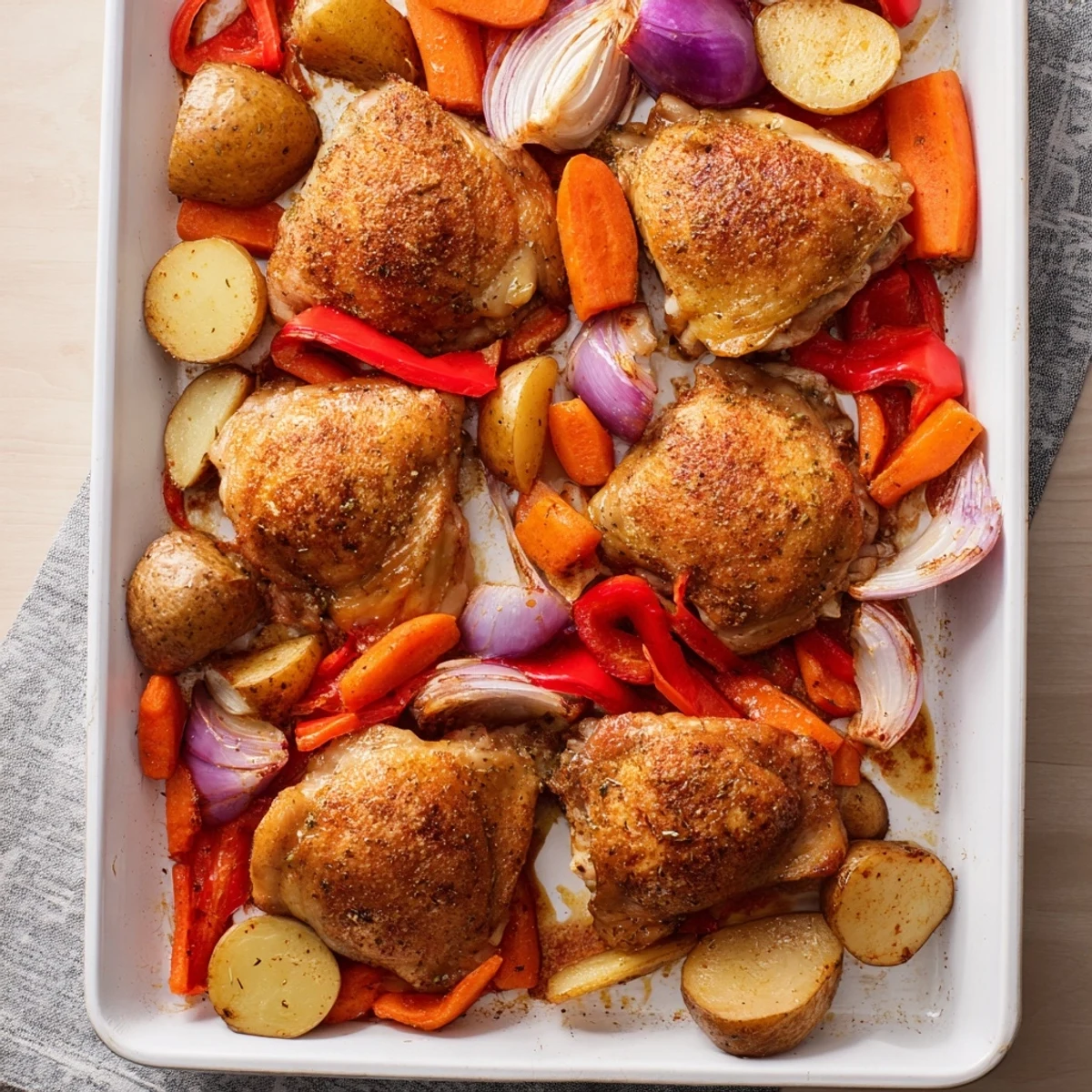 Tender one pan chicken bake with crispy skin surrounded by roasted carrots and potatoes