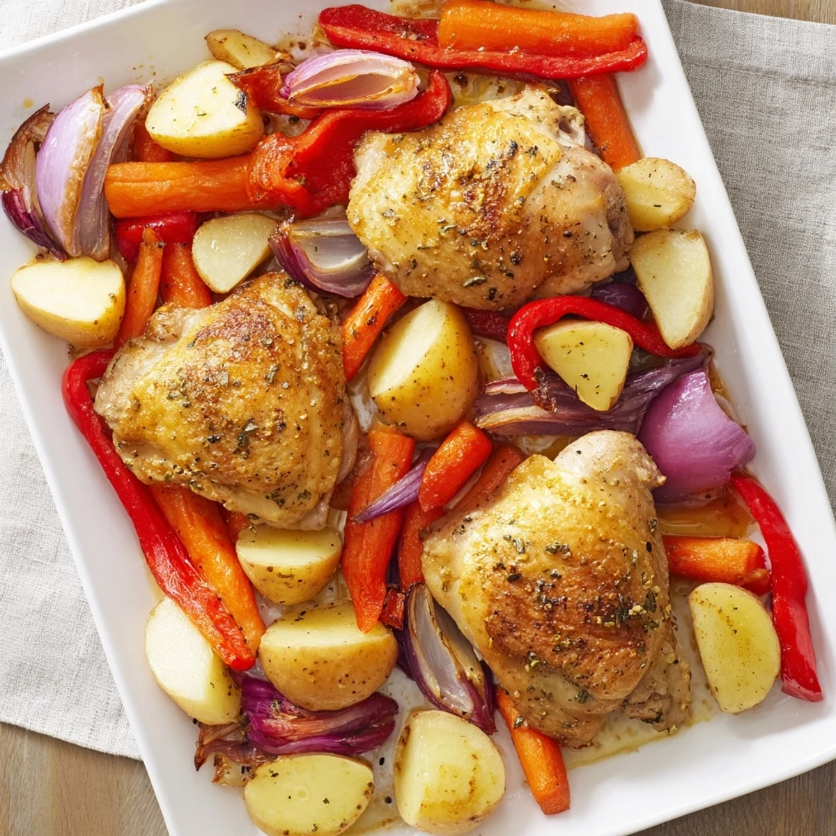 Savory chicken and vegetables baked together until golden and garnished with fresh parsley