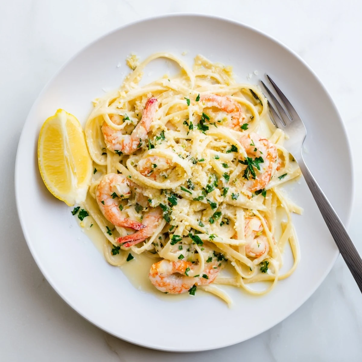 Golden shrimp atop linguine pasta swimming in rich garlic cream sauce with parmesan cheese