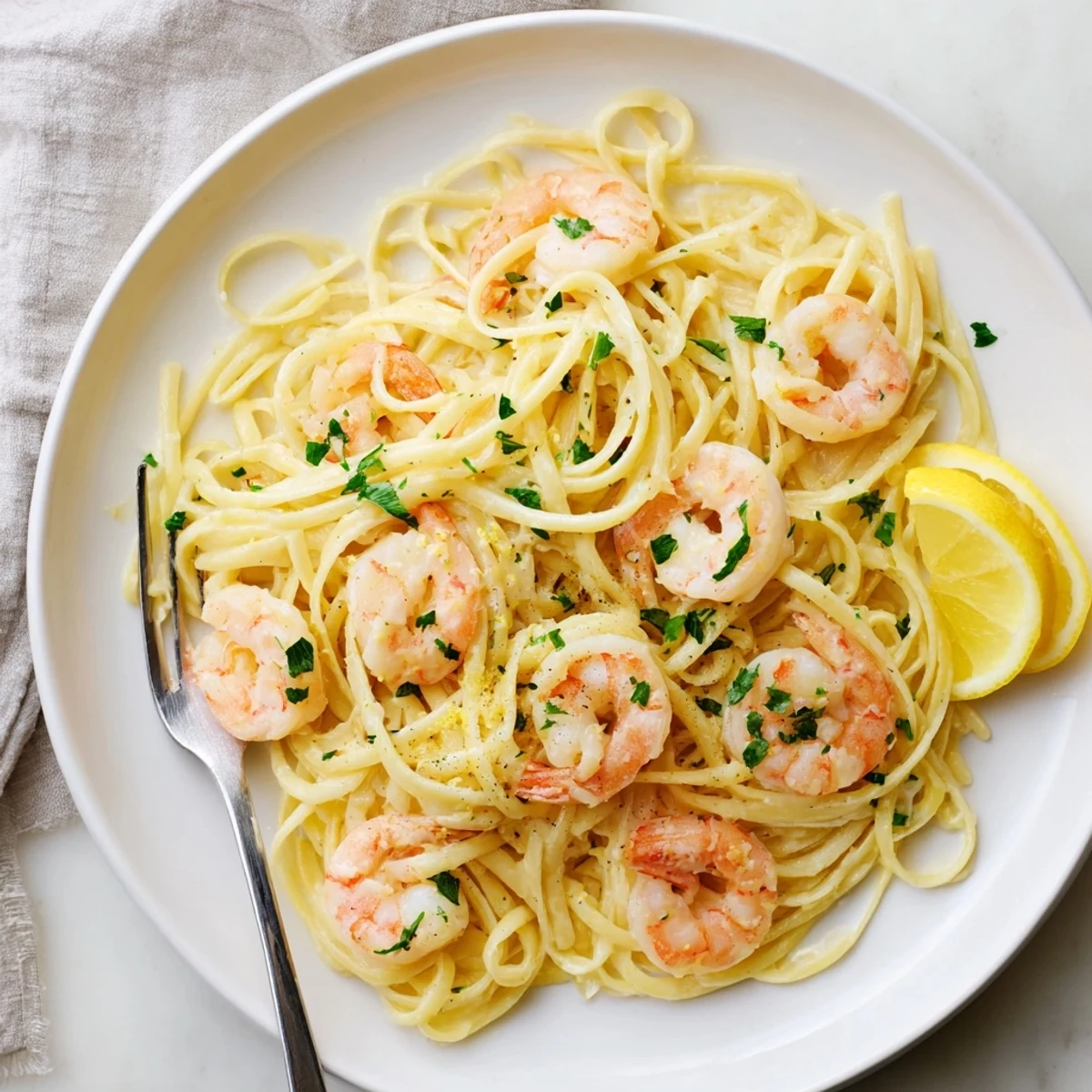 Creamy Shrimp Scampi Garlic Pasta tossed in silky white wine lemon sauce with fresh parsley garnish