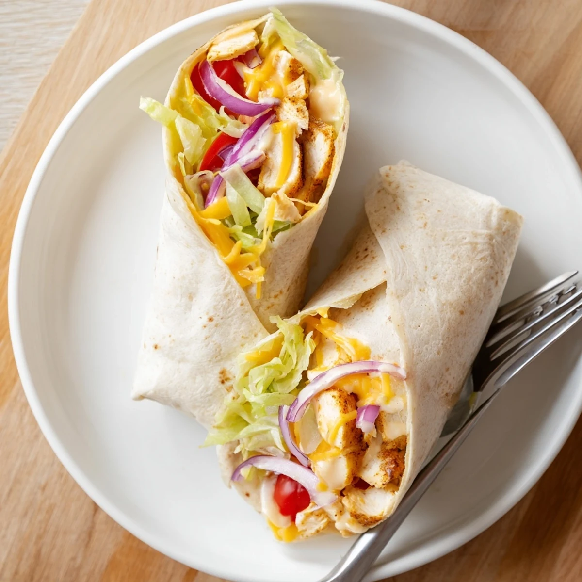 Golden cheesy garlic chicken wraps sliced in half revealing melted mozzarella and cheddar cheese with crisp lettuce and tomato