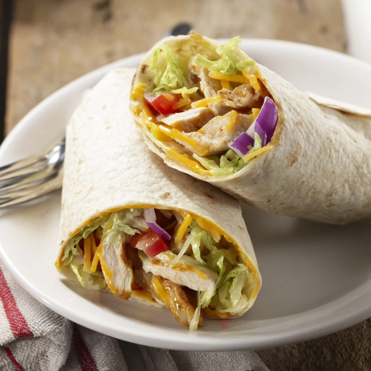 Plate of savory chicken wraps topped with melted cheese blend and fresh vegetables ready for lunch or dinner