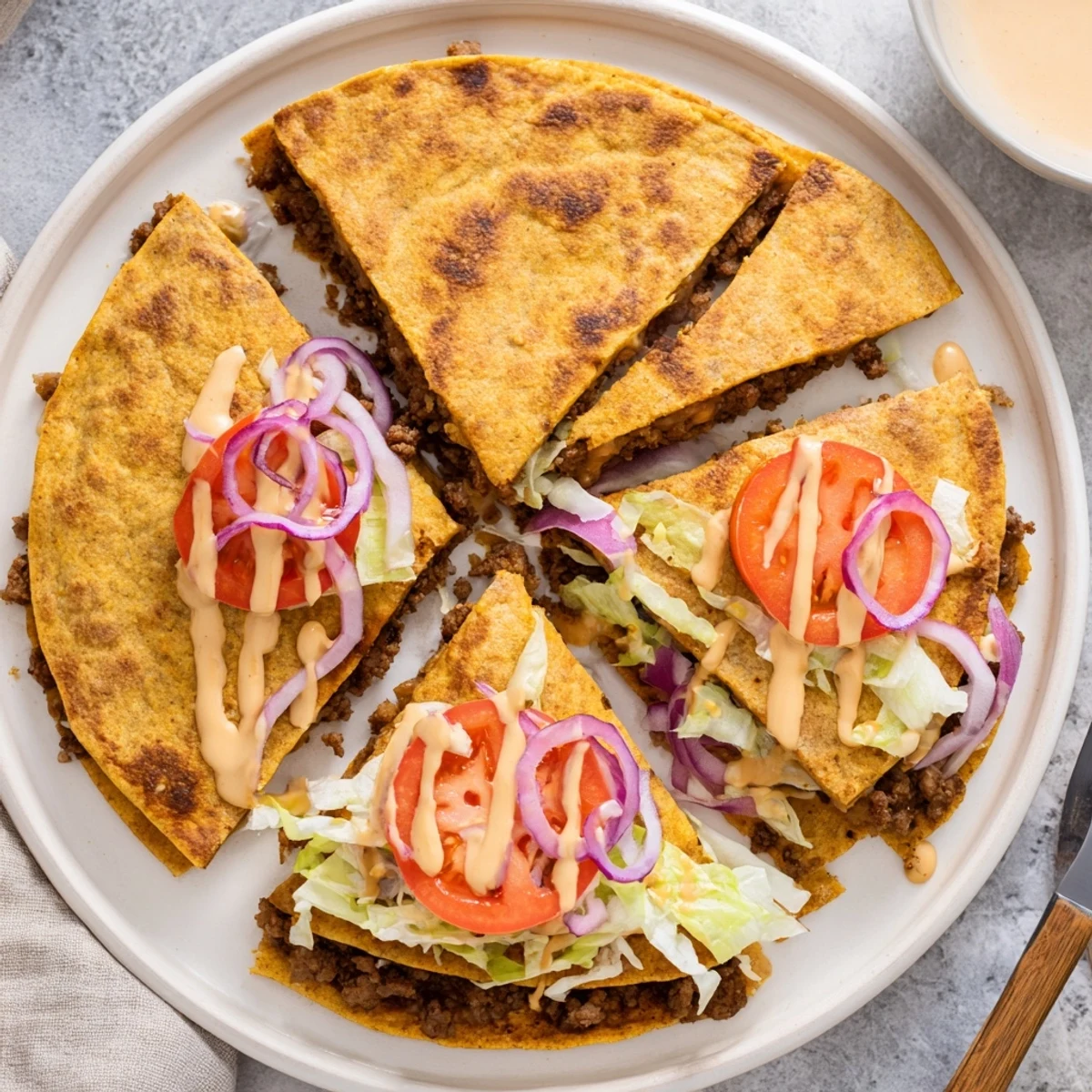 Halved tortilla revealing smashed burger patties topped with fresh lettuce tomato and tangy pickles