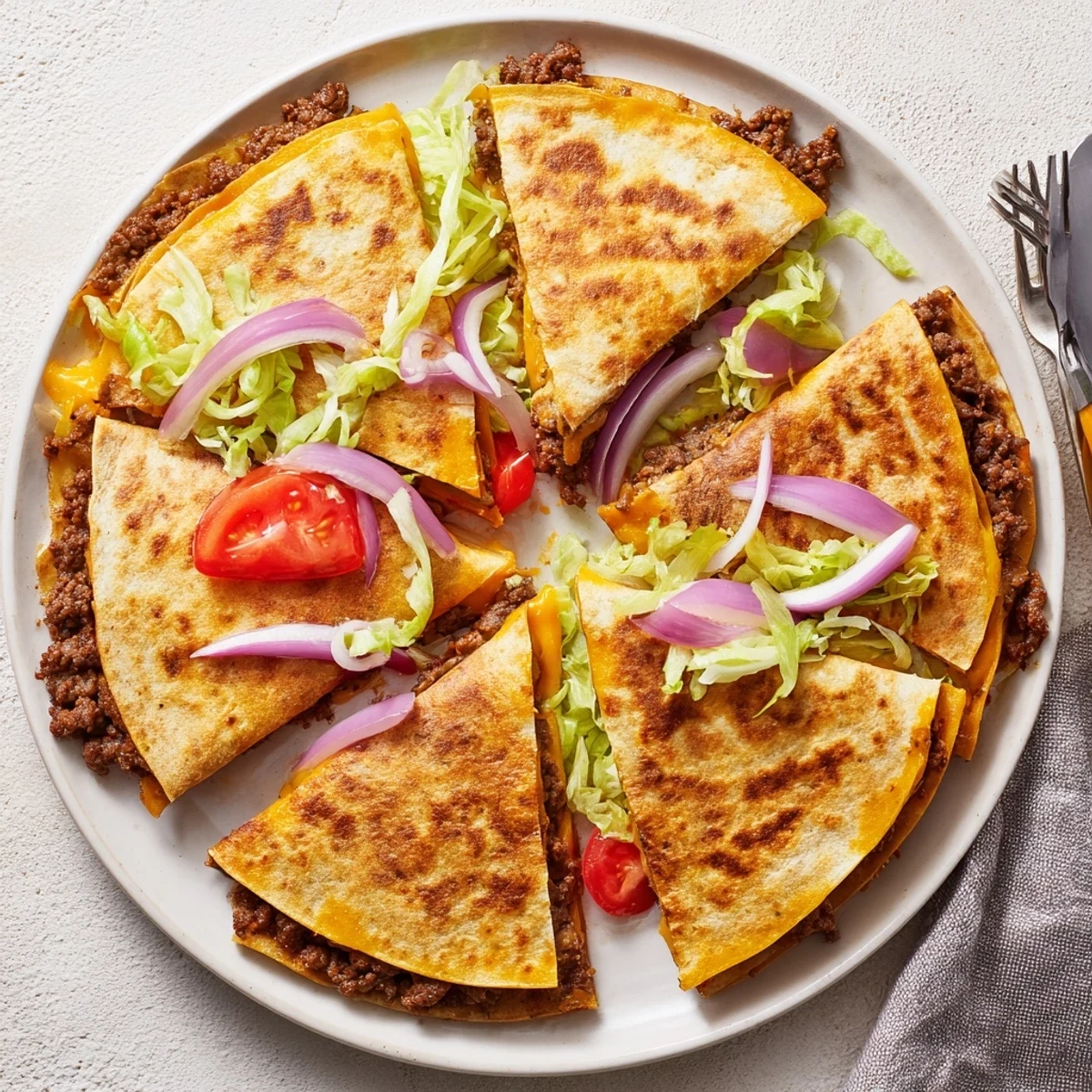 Golden crispy smashburger quesadillas stuffed with juicy seasoned beef and melted cheddar cheese