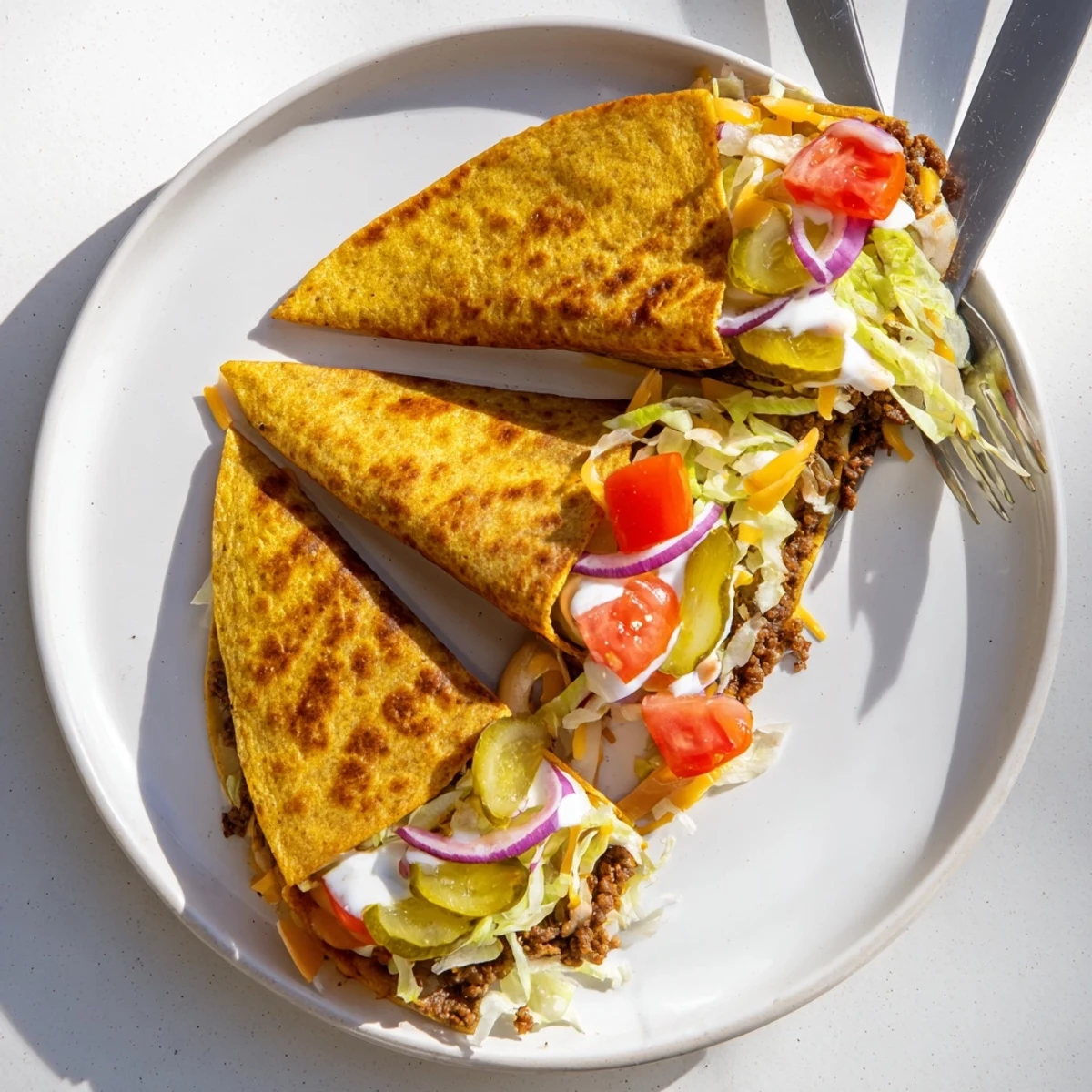 Sliced quesadilla wedges plated with classic burger fixings and drizzled with creamy burger sauce