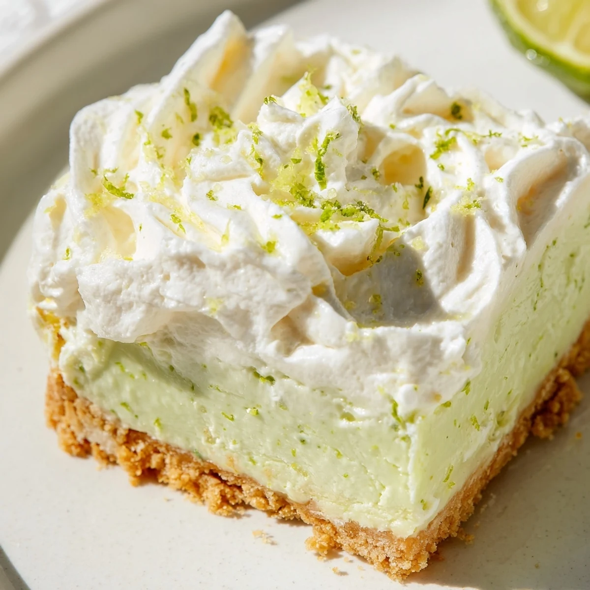 Golden Key Lime Pie Bars with whipped cream and fresh green lime zest garnish