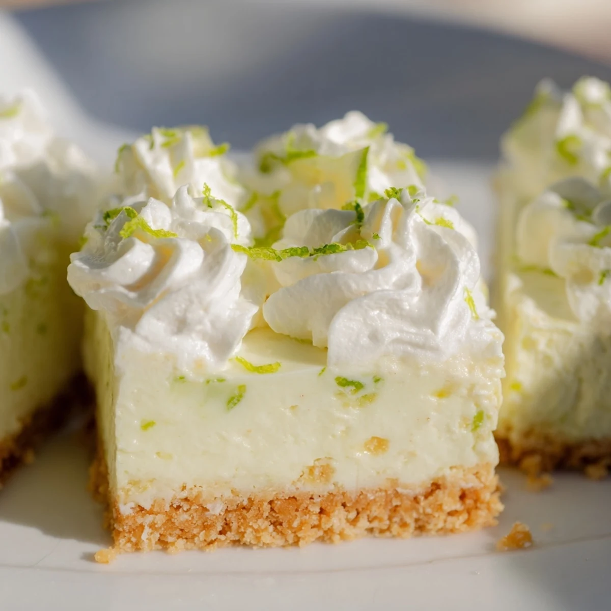 Tangy green Key Lime Pie Bars topped with fluffy white whipped cream swirls