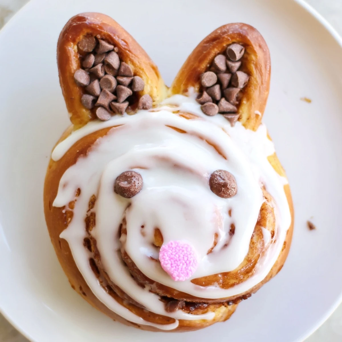 Freshly baked bunny-shaped cinnamon rolls topped with colorful sprinkles for festive spring morning brunch