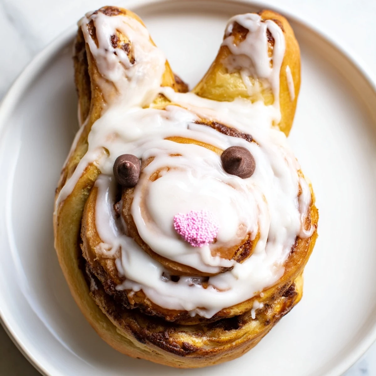 Golden brown Easter Bunny Cinnamon Rolls with fluffy rabbit ears and sweet white icing drizzle