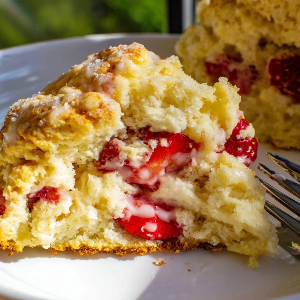 Golden brown strawberry scones fresh from the oven with red strawberry pieces visible throughout the tender crumb