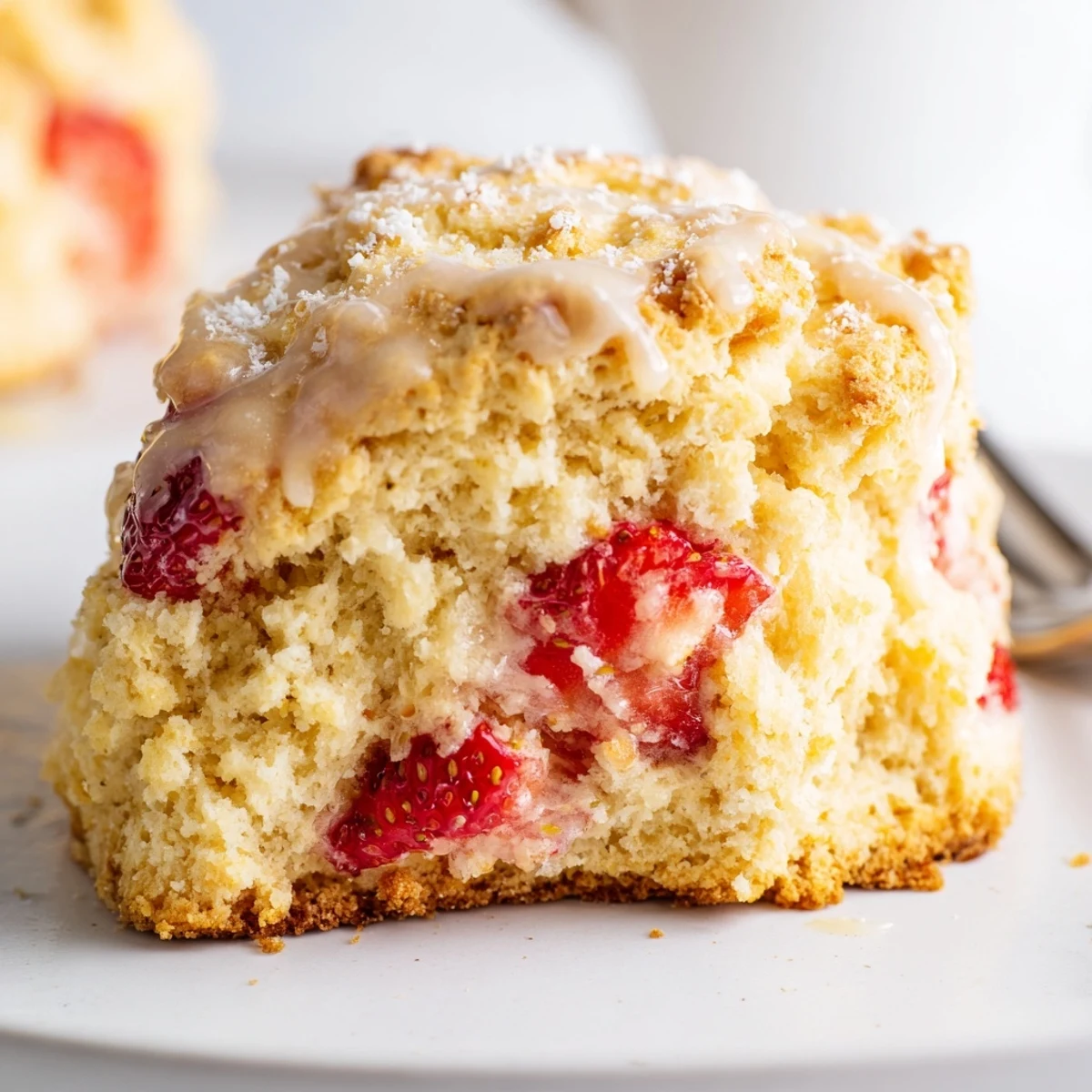 Triangle-shaped strawberry scones with juicy red berry bits, golden tops, and white flour dusting on a wooden board